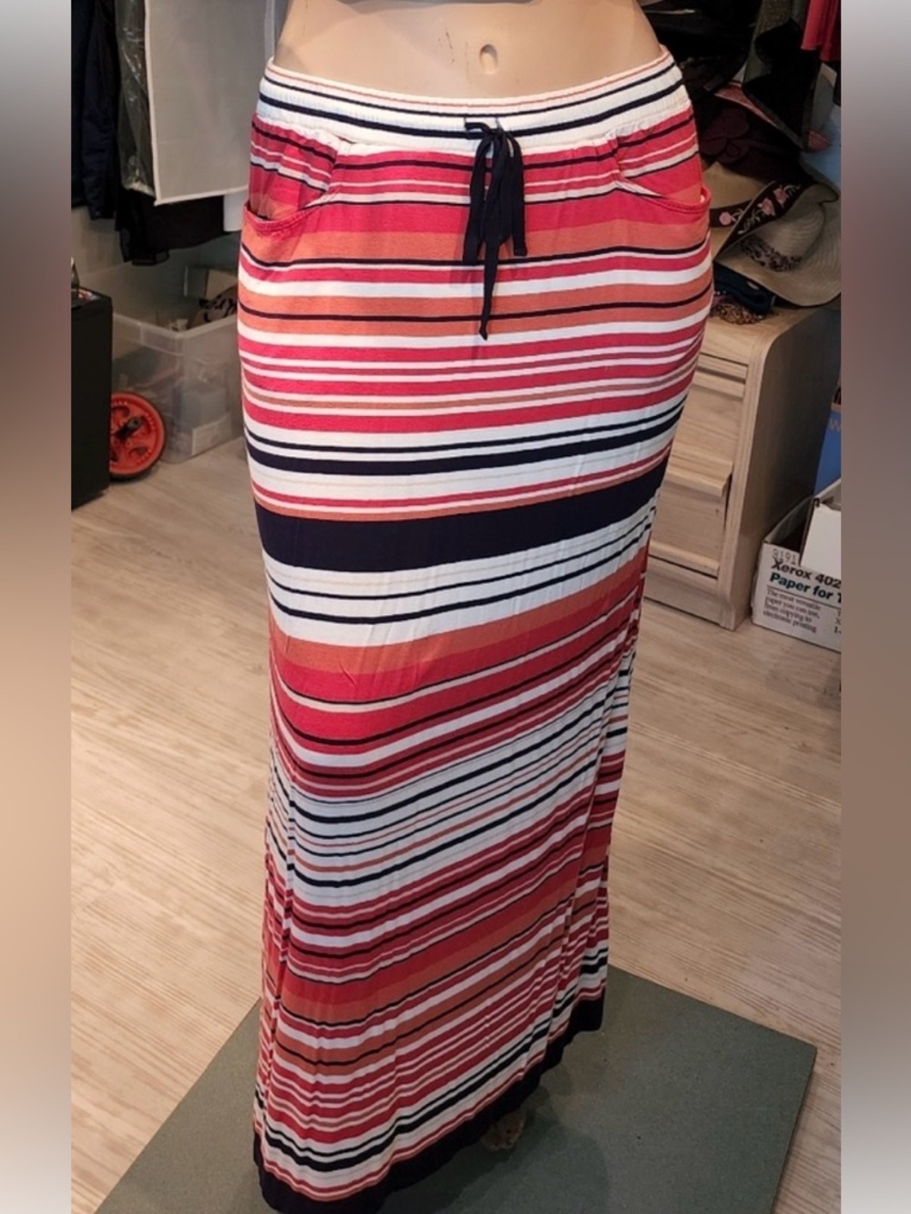 Max Studio Coral, Navy & White Striped Maxi Skirt